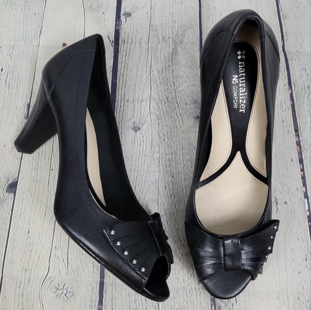Naturalizer Black Peep-Toe Heels with Bow and Stud Accents
